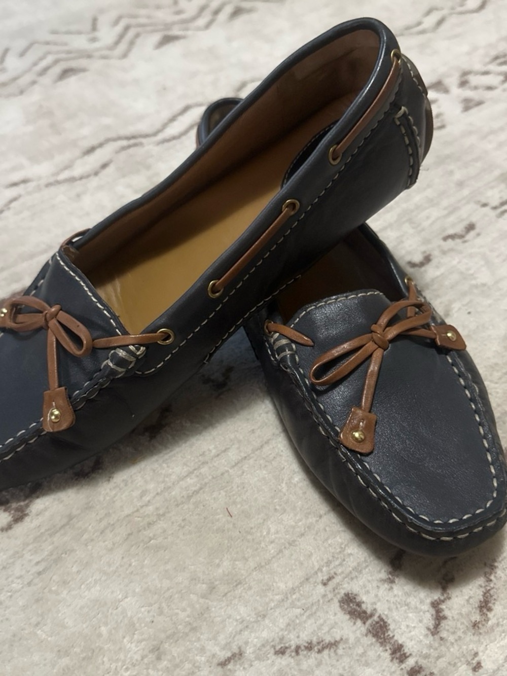 Clarks Navy Leather Moccasins with Brown Trim